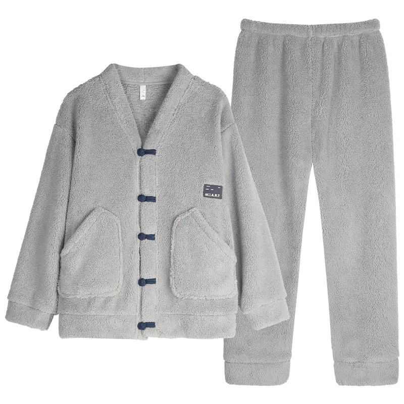 Men's Pajamas Thick Warm Flannel Autumn Winter Pyjamas Male Homme Pijamas Sleepwear Long-Sleeve V-Neck Cardigan Lounge Sleep Set