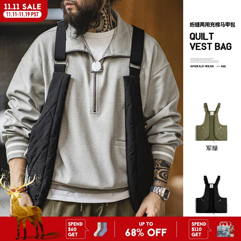 

Maden Men's Quilted Vest Bag Large-capacity Crossbody Cotton Bag Outdoor Multifunctional Padded Vest Heated Sleeveless Jacket
