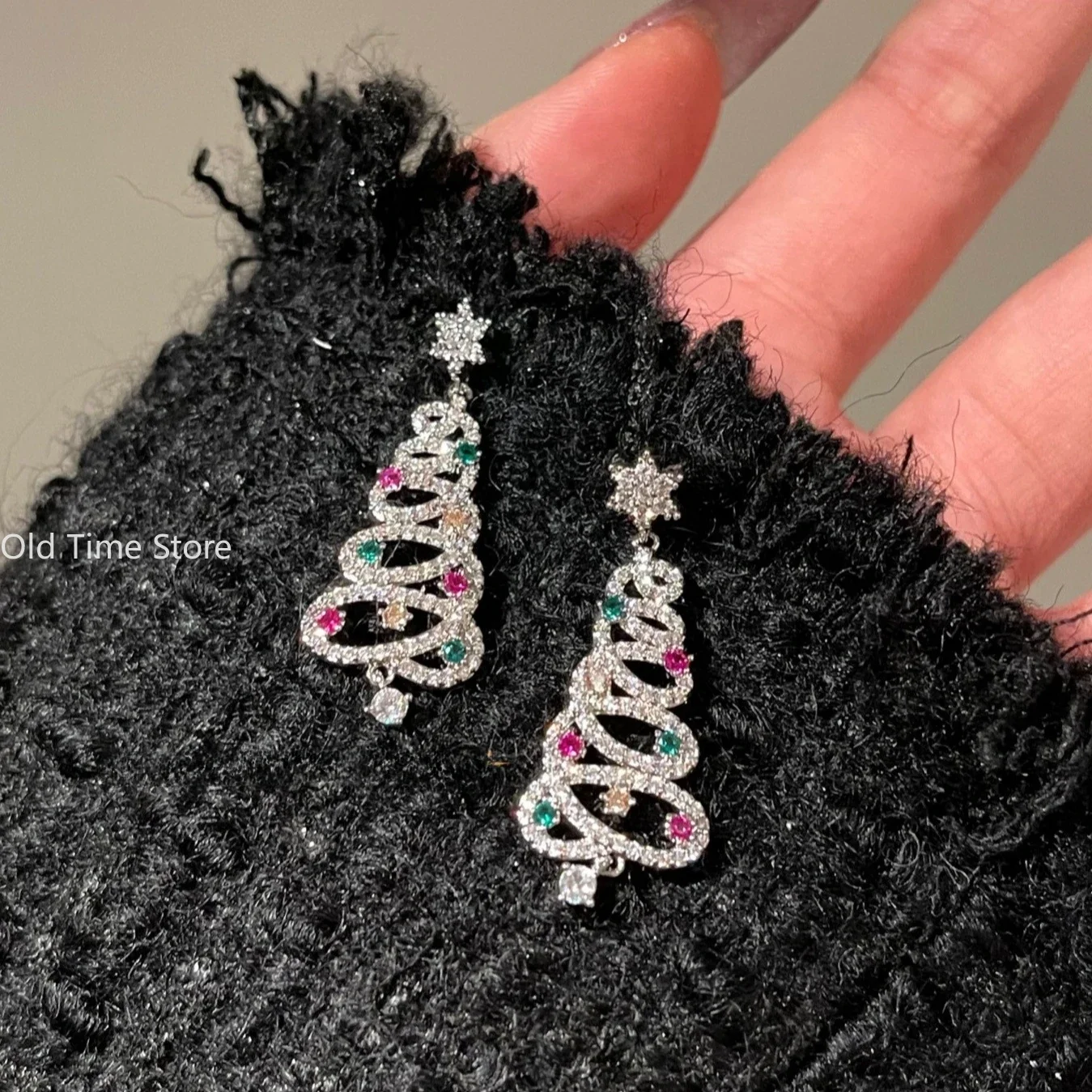 Zircon Christmas Tree Earrings Rhinestone Jewellery Women Drop Earring New Year Aesthetic Geometric Tassel Colorful Earrings