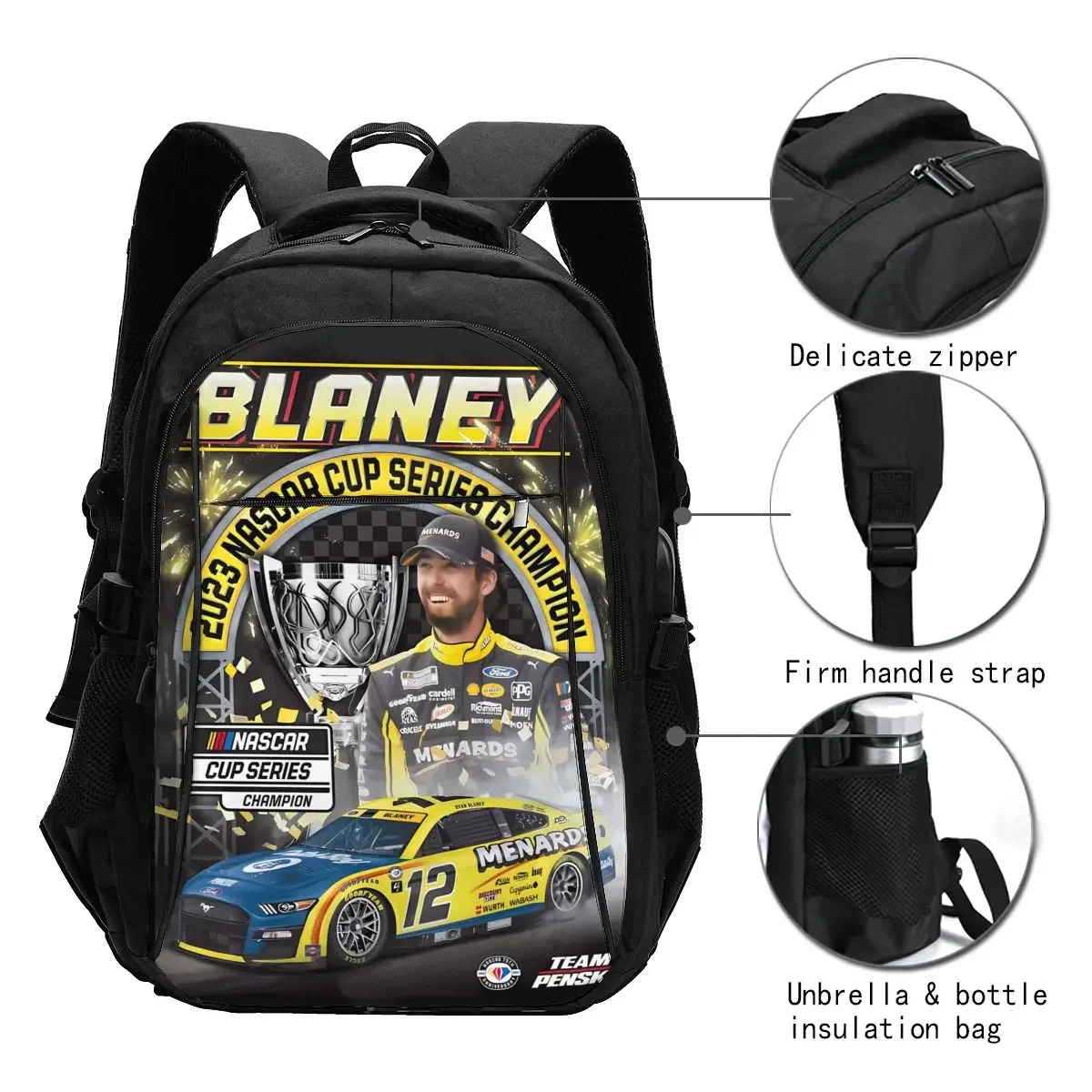 Ryan Blaney 12 Travel Laptop Backpack, Business Water Resistant Backpack with USB Charging Port, College Bag for Men & Women