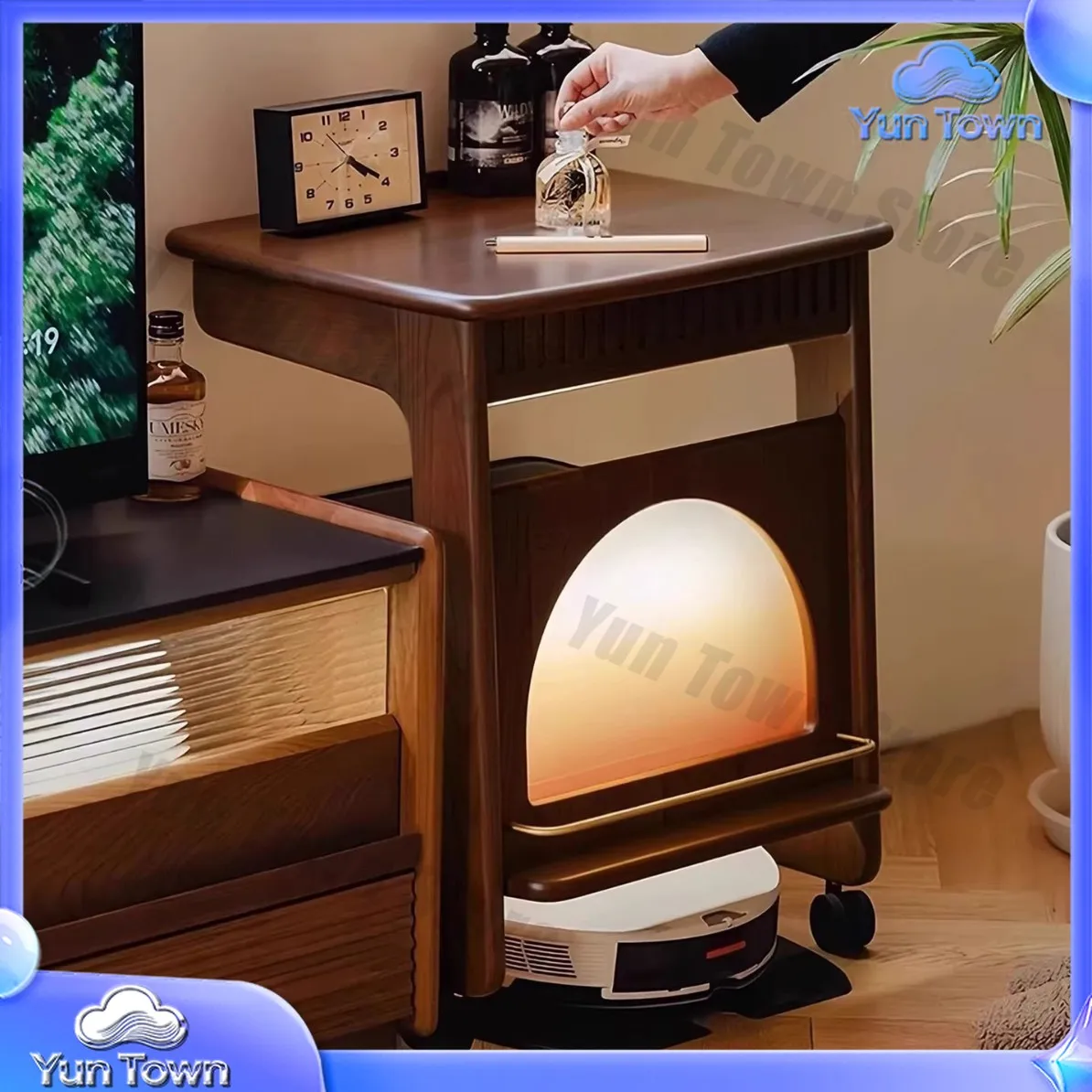 Vintage Solid Wood Trolley for Robot Vacuum Cleaner Storage Rack Side Table for Small Space Sofa Bedside Mobile Cart with