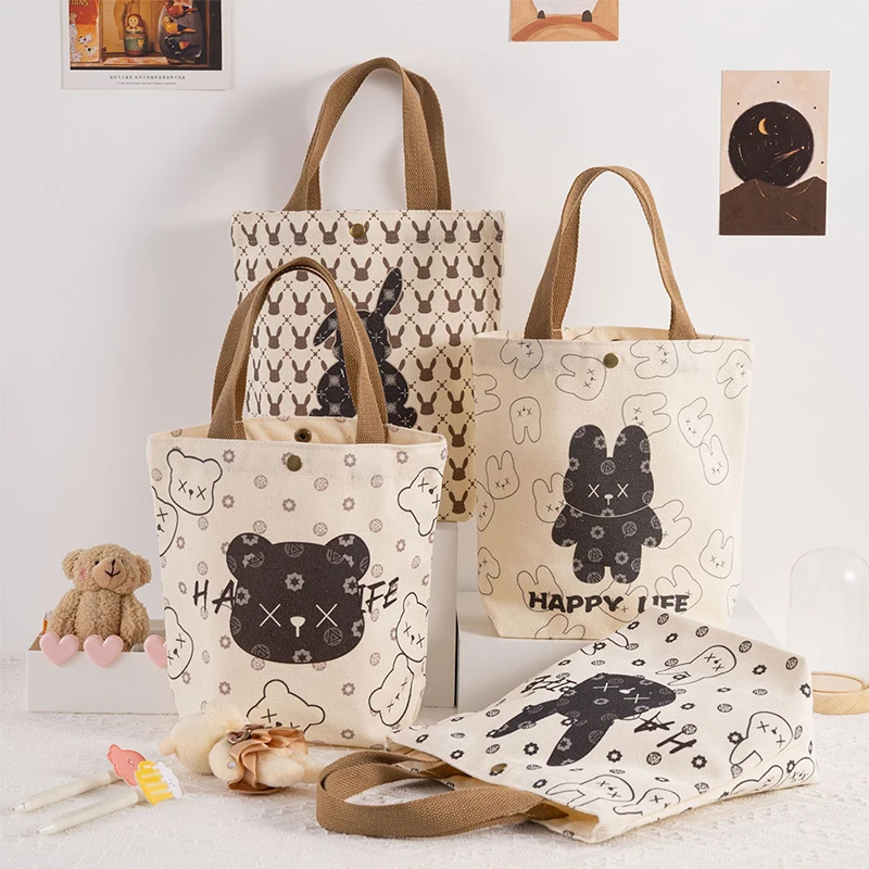 Bolsa de lona portátil dos desenhos animados, grande capacidade sacola, coelho e urso padrão, bolsa de mão