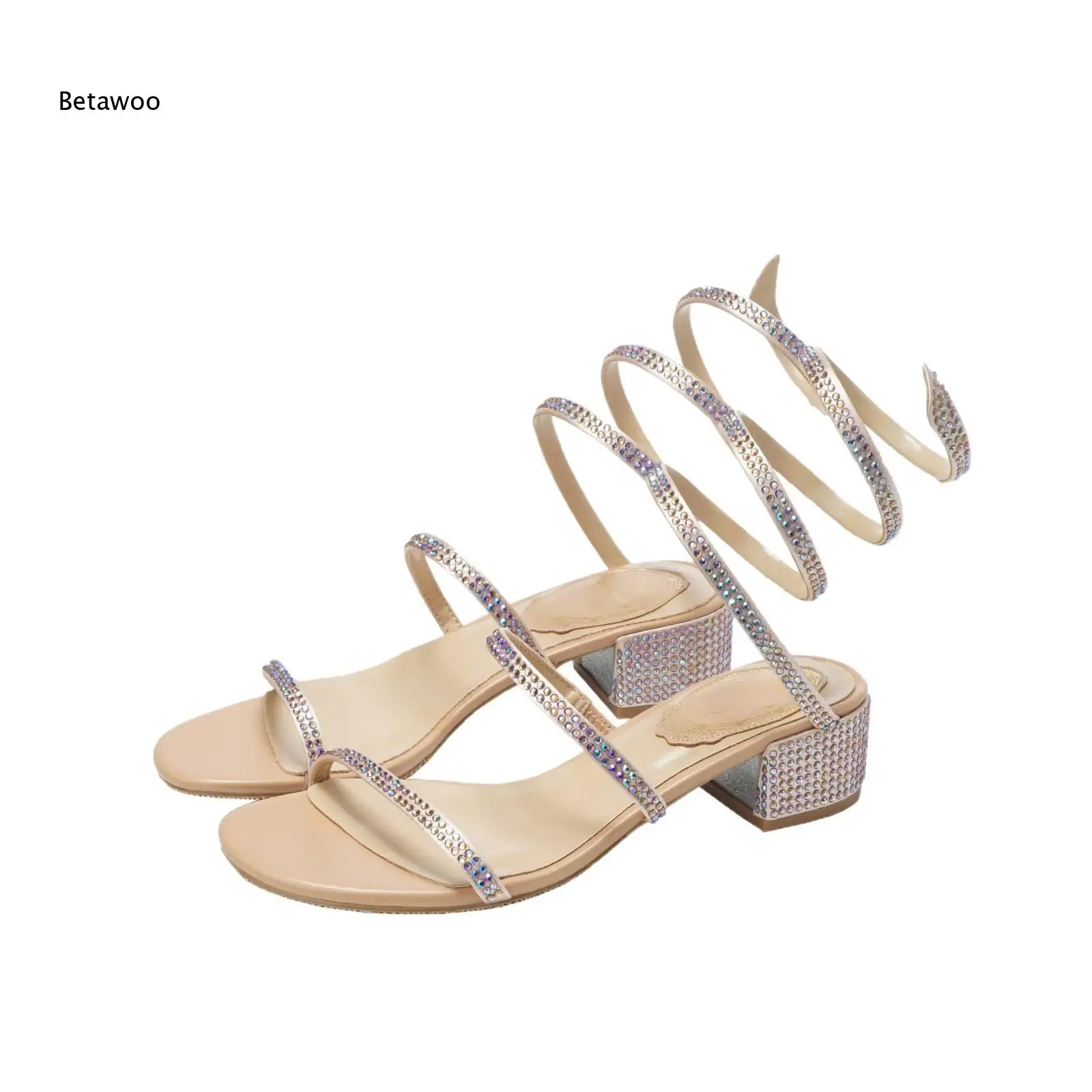 2026 Womens Open Toe Rhinestone Spiral Ankle Wrap Block Heel Sandals Casual Comfortable Party and Evening Shoes