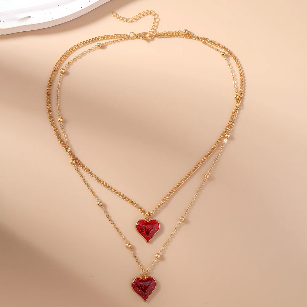 Aihua Gold Color Red Heart Necklace Romantic Sweet Simple Clavicle Chain Necklaces for Women Collar Valentine‘s Day Jewelry Gift