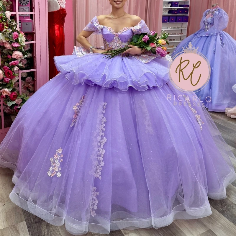 

Lavender Shiny Quinceanera Dresses Ball Gown Off The Shoulder Applique Lace Beads Tull Party Birthday Sweet 16 Dress Vestidos 15