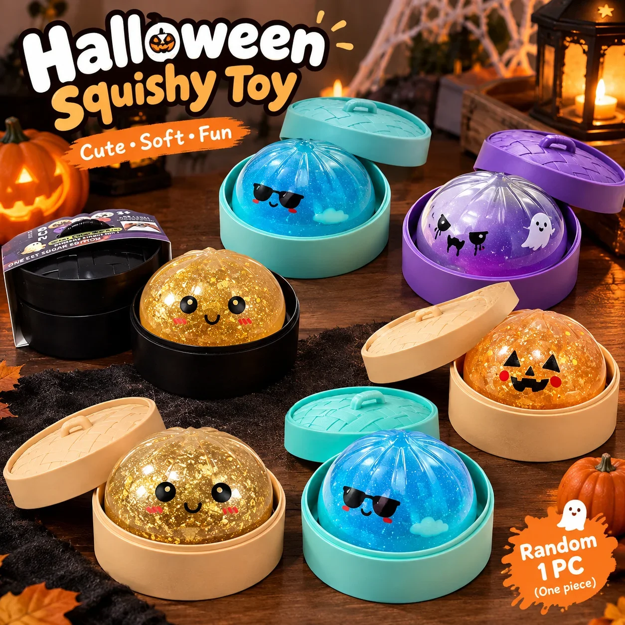 Halloween Spooky Squishy Dumpling Fidget Toy Cute Ghost Pumpkin Eyeball Clear Sparkle Bun Stress Relief Party Favor Moto