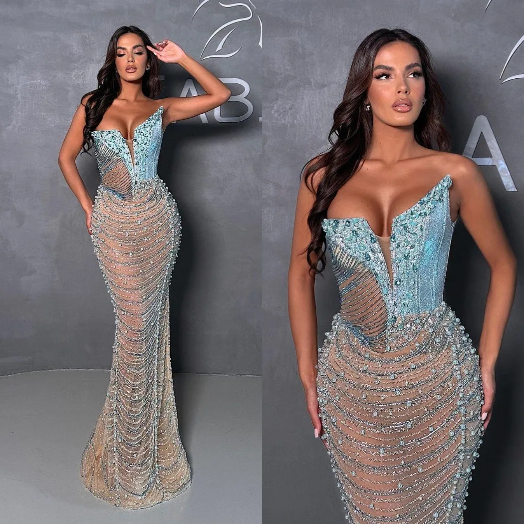 

Designer Evening Dresses For Women Sweetheart Neck Sleeveless Gown Crystal Beaded Sequins See Through Floor Length Party Custom