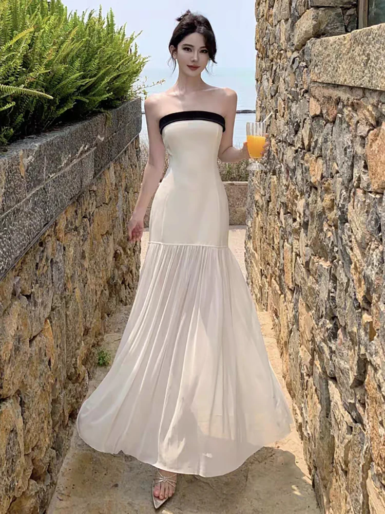 RORIRI Desire Sheer Mesh Stitch Corset Jurk Vrouwen Retro Contrast Backless Boog Slanke Bodycon Lange Jurk Vakantie Zomer Kleding