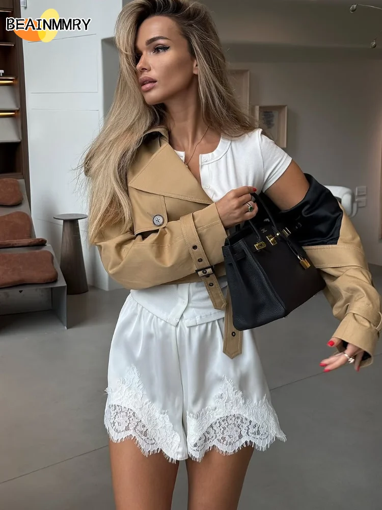 Damskie szorty z koronkowymi wstawkami, satynowe, eleganckie, luźne, jednolite, z szerokimi nogawkami, elastyczne, krótkie, nowość 2025, styl Y2k, codzienne, streetwearowe.