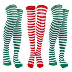 Elastic Thigh-highs 3 Pairs Green White Striped Stockings with High Elasticity for Holiday Christmas Stage Performance Party