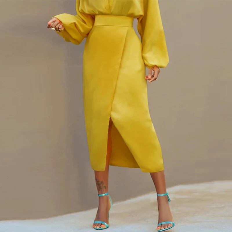 Modigirl Women Bodycon High Waisted Yellow Split-Front Skirts Bottoms 2026 New Spring Summer Autumn Woman Urban Skirts Clothes