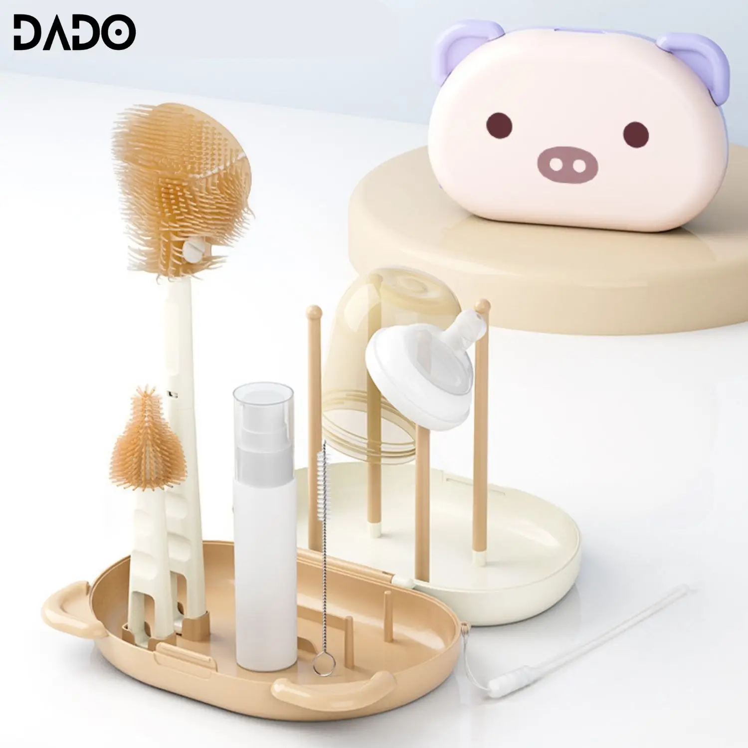 Baby Bottle Cleaner Brush Set Travel Size Drying Racks Silicone Cleaning Nipple Straw Cleaner Kit Soap Dispenser Organizer Case