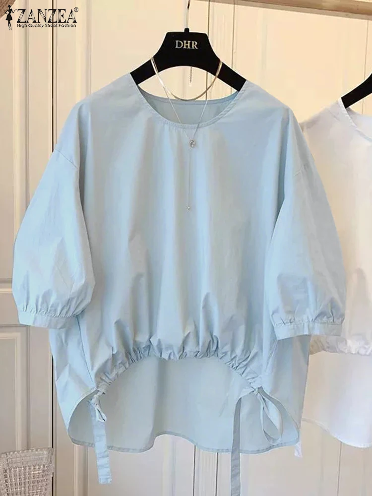 ZANZEA Women's High-Low White Blouses 2025 Autumn O-Neck 3/4 Lantern Sleeve Drawstring Hem Solid Color Tops Street Fashion 3XL