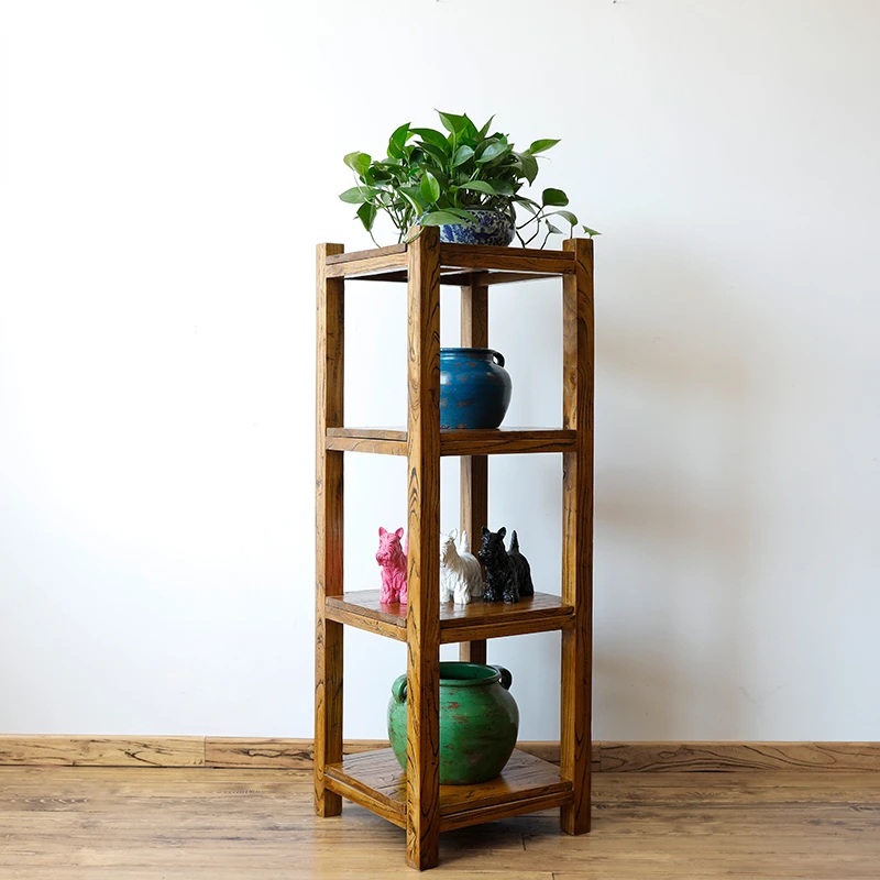 

Solid Wood Shelf Modern Chinese Floor-Standing Wooden Simple Log Multi-Layer Elm Flower Shelf