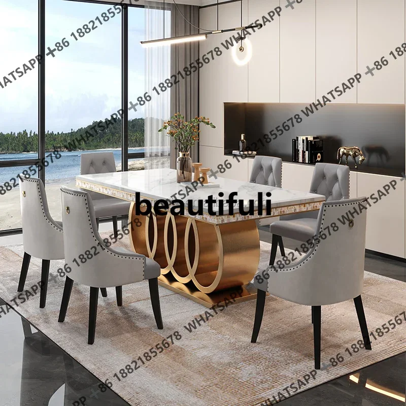 

D182Classic Italian White Dining Sets Big Rectangular 8 Seater Leather Chairs Luxury Marble Dining Table Dining Room Furniture