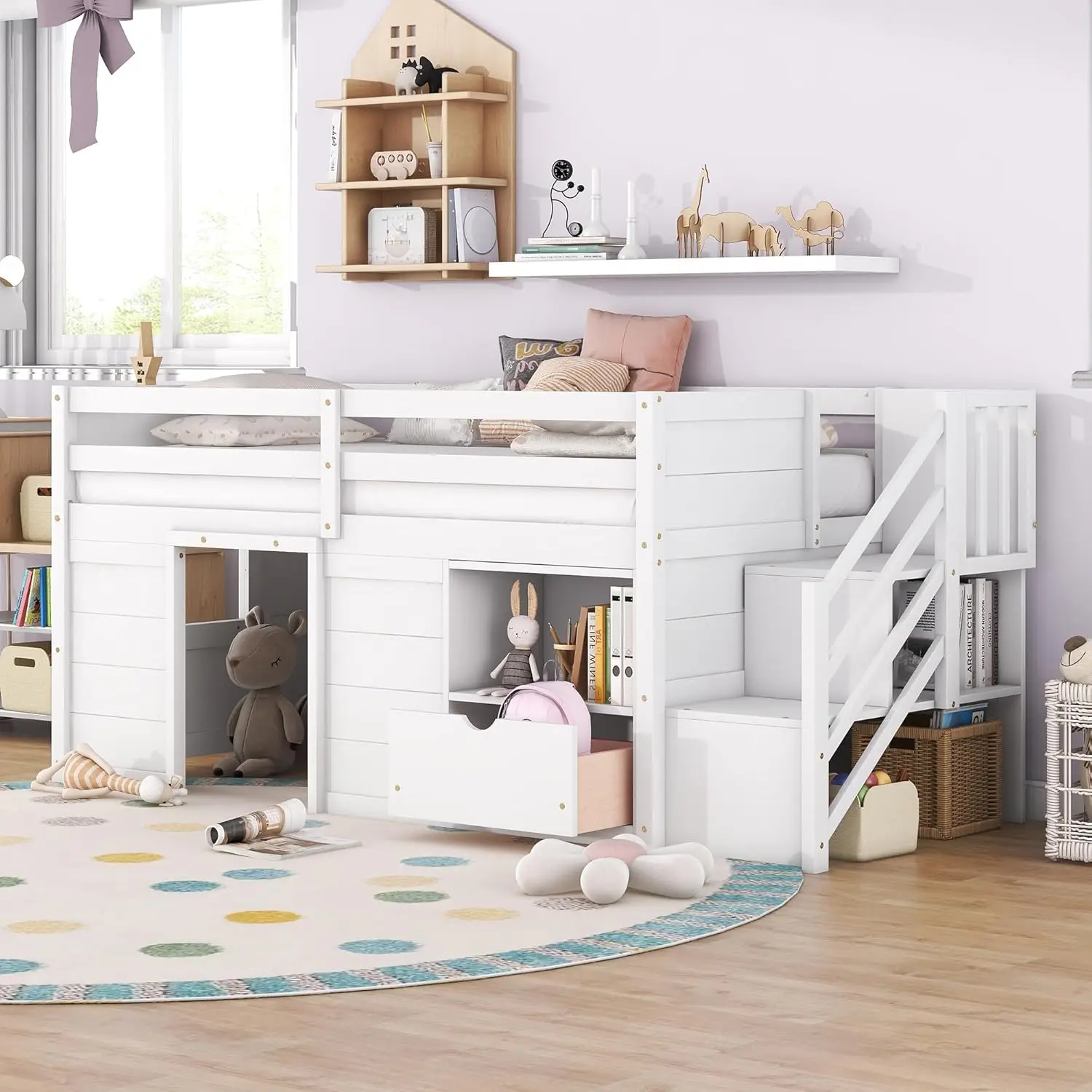 

Harper & Bright Designs Twin Size Low Loft Bed With Storage,Wood Kids Loft Bed With Stairs,Loft Bed Twin With Shelf And Drawer