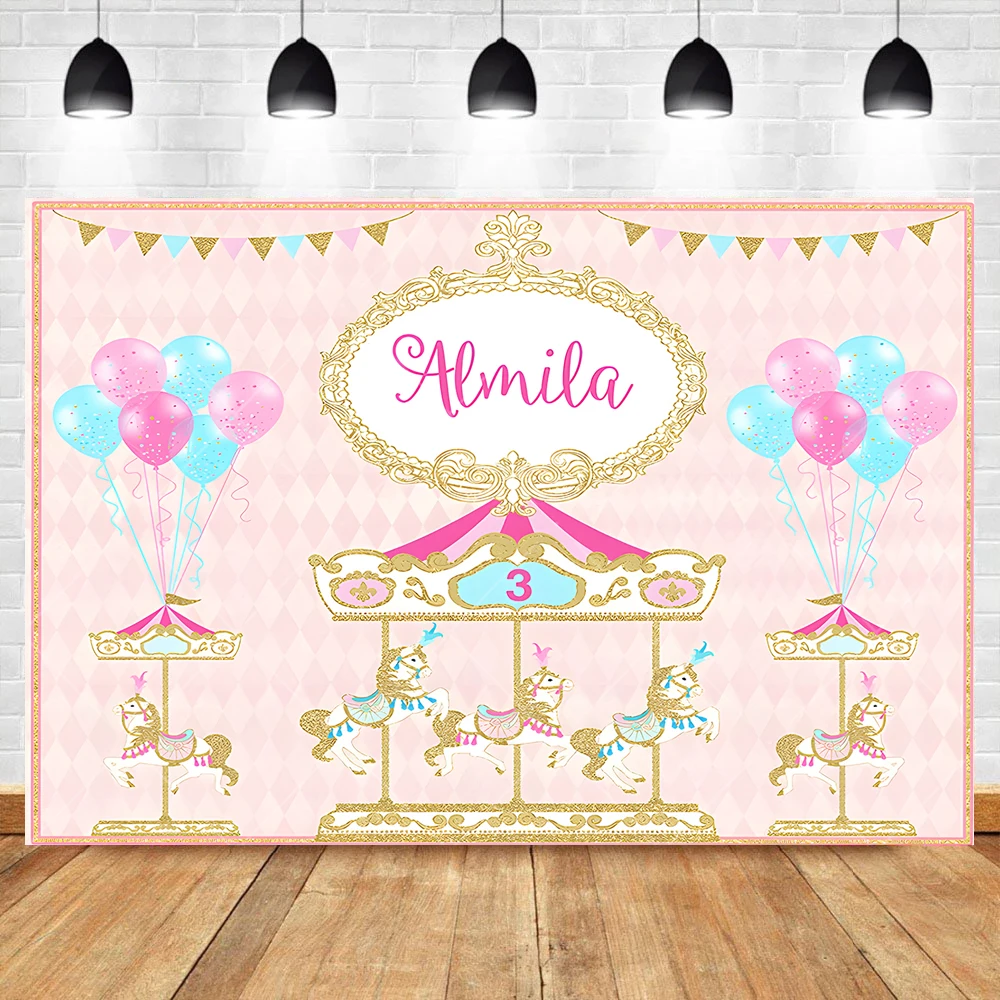 Dreamy Princess Style Theme Baby Birthday Party Decoration Custom Backdrop Carousel Prince Amusement Park Party Banner