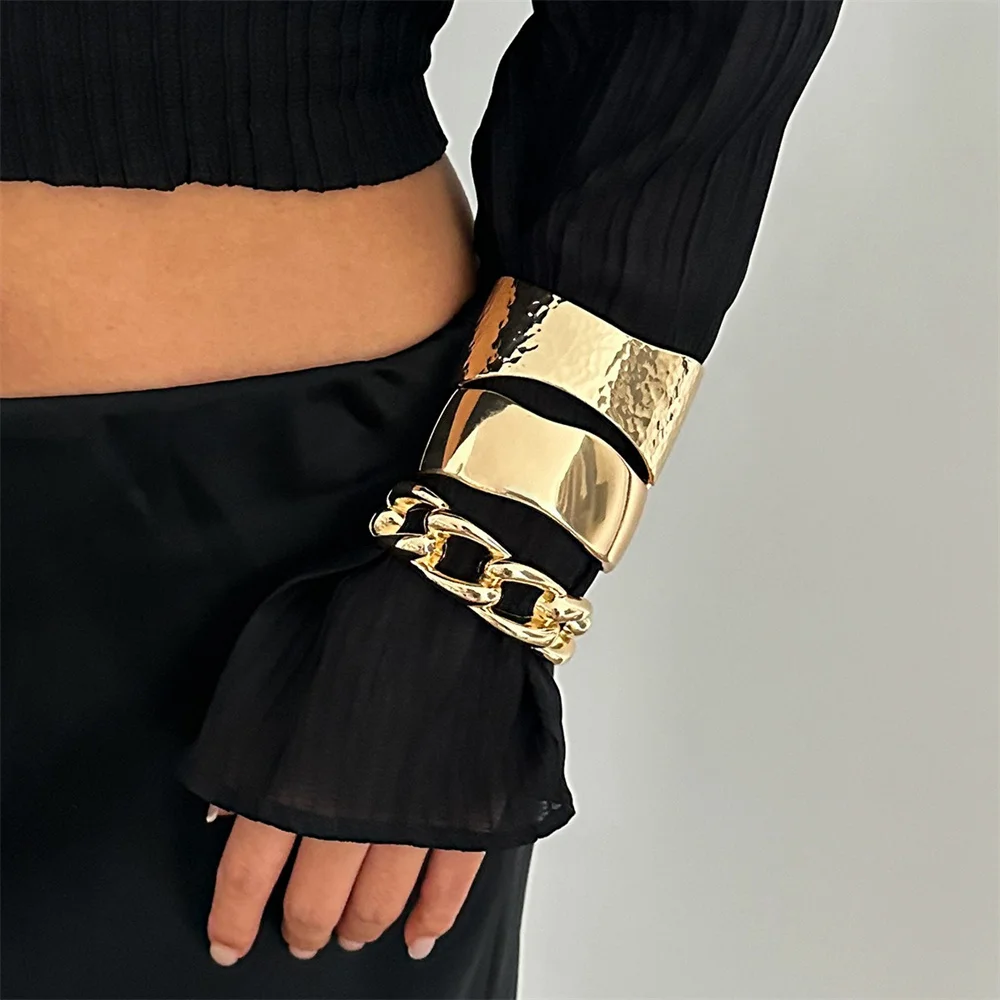 Vintage Wide Cuff Bangles for Women Hip Hop Punk Gold Silver Color Geometric Chunky Metal Spring Bangles Jewelry Gifts New 2025