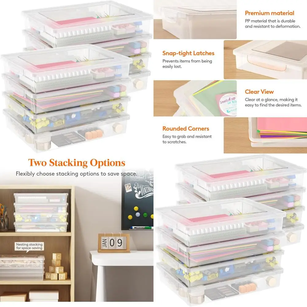 

Clear A4 Plastic Storage Boxes with Latching Lids for Classroom, Craft, and Art Supplies Organization