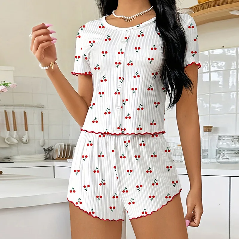 2025 Summer Cherry Print Pajama Set Women Button Detail Tee Shorts Sweet Loungewear Outdoor Sleepwear Comfortable Set