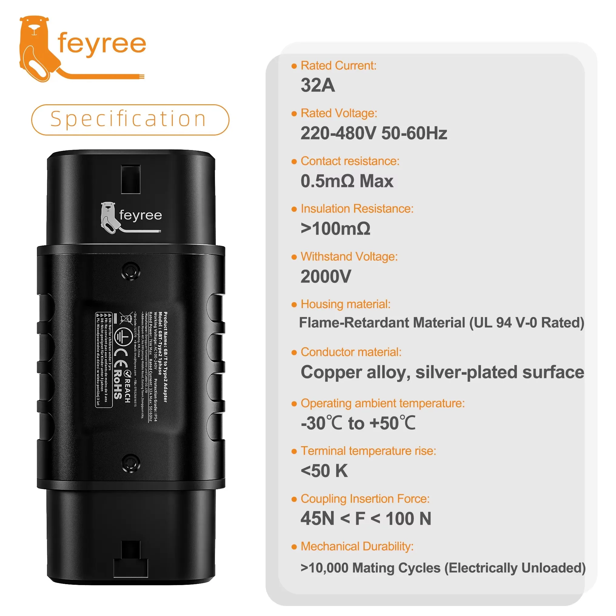 Feyree EV-Ladestationsadapter GBT auf Typ 2 IEC 62196-2 Konverter EVSE Ein-/Dreiphasenanschluss 16 A 32 A für Autos vom Typ 2