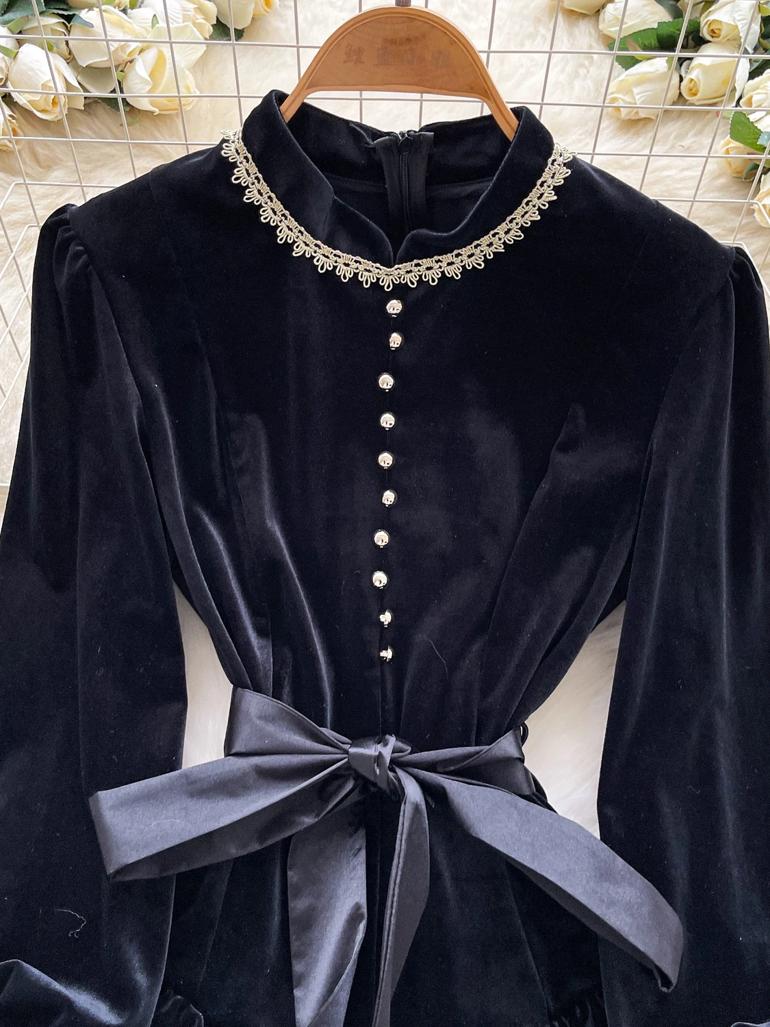 

Hebe Sle Luxury Lace Patchwork Bead Long Sve Belted Waist Velvet Dr with ort Pants Set Women's Faion Autumn Outfit