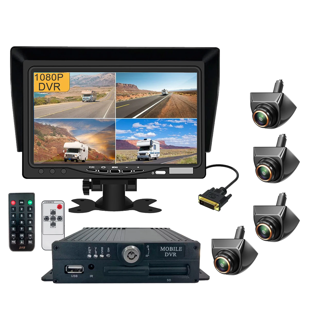 

iPoster Truck DVR Video Recorder 7" VGA Screen Monitor 4x 1080P AHD Side Rear View Reversing Cameras 12-36V For Truck Rv Trailer
