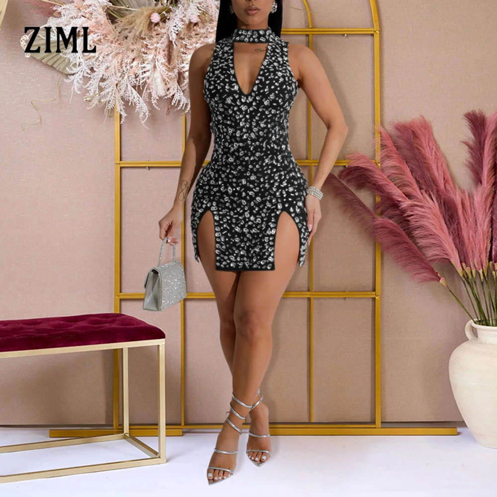 

ZIML Solid Patchwork Diamond Sexy Dress for Women V Neck Sleeveless High Waist Temperament Irregular Dresses Female Fashion New