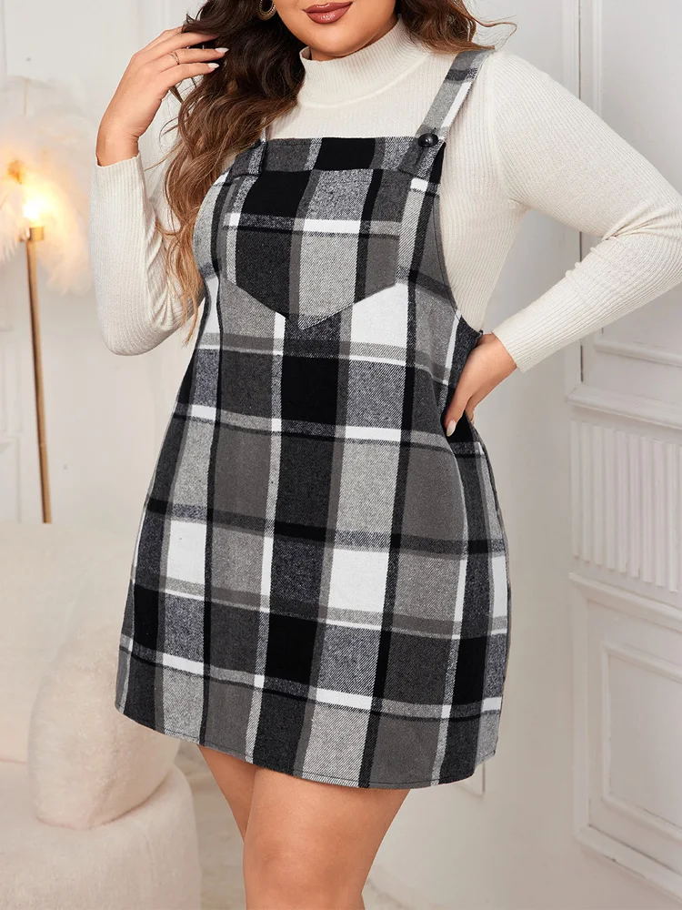 GIBSIE Plus Size Plaid Strap Dress Women New 2024 Autumn Winter Vintage Sleeveless Loose Mini A-Line Dresses Female Vestidos