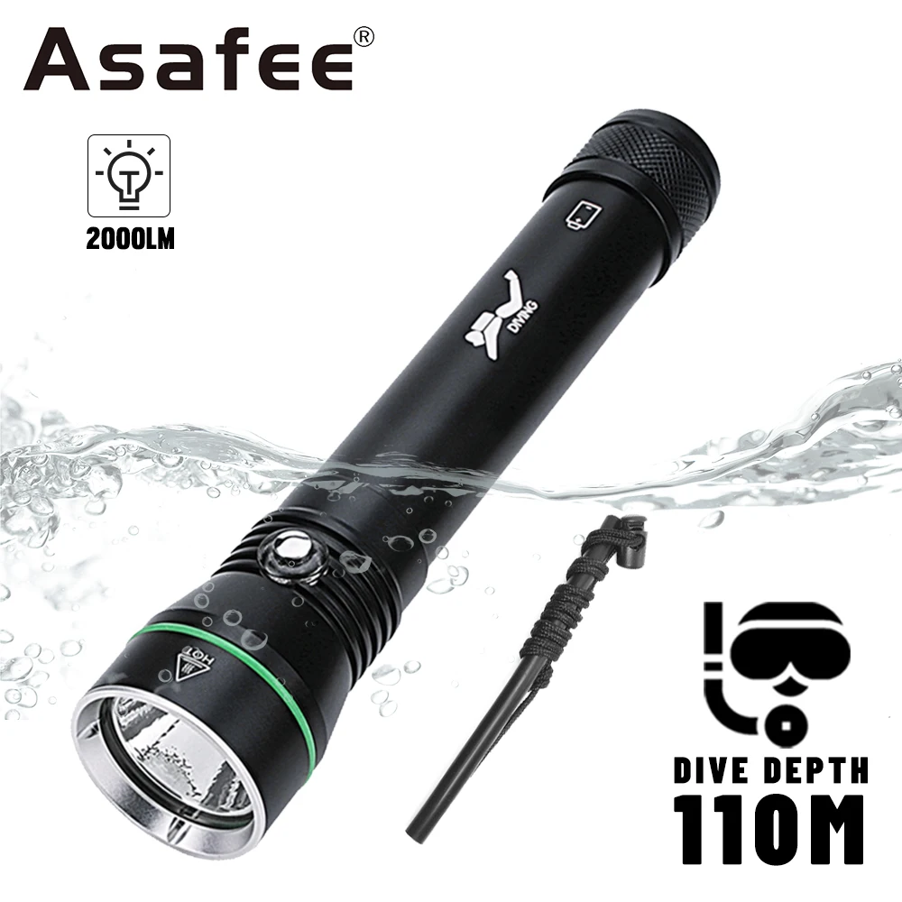 Asafee 110M Underwater Diving Flashlight P50 LED 2000LM SOS Waterprood Torch Press Switch Scuba Lamp Outdoor Exploration