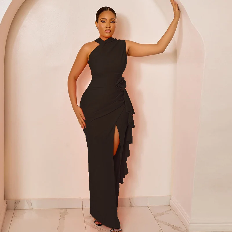 Sexy Applicaties Ruches Schede Lange Jurken Vrouwen Nachtclub Ruches Mouwloze Side Split Bodycon Maxi Jurk Vestidos De Fiesta