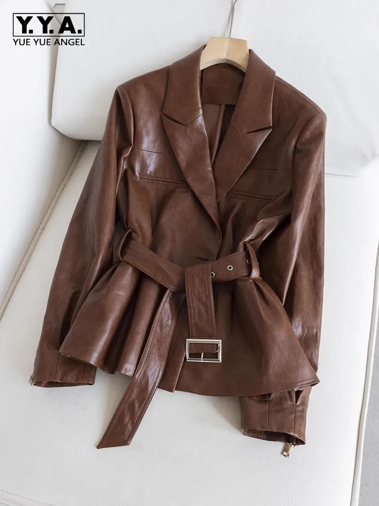 

Винтажный костюм с воротником, однотонная женская куртка с подплечниками, осенние куртки с поясом, офисная женская верхняя одежда, модное элегантное пальто