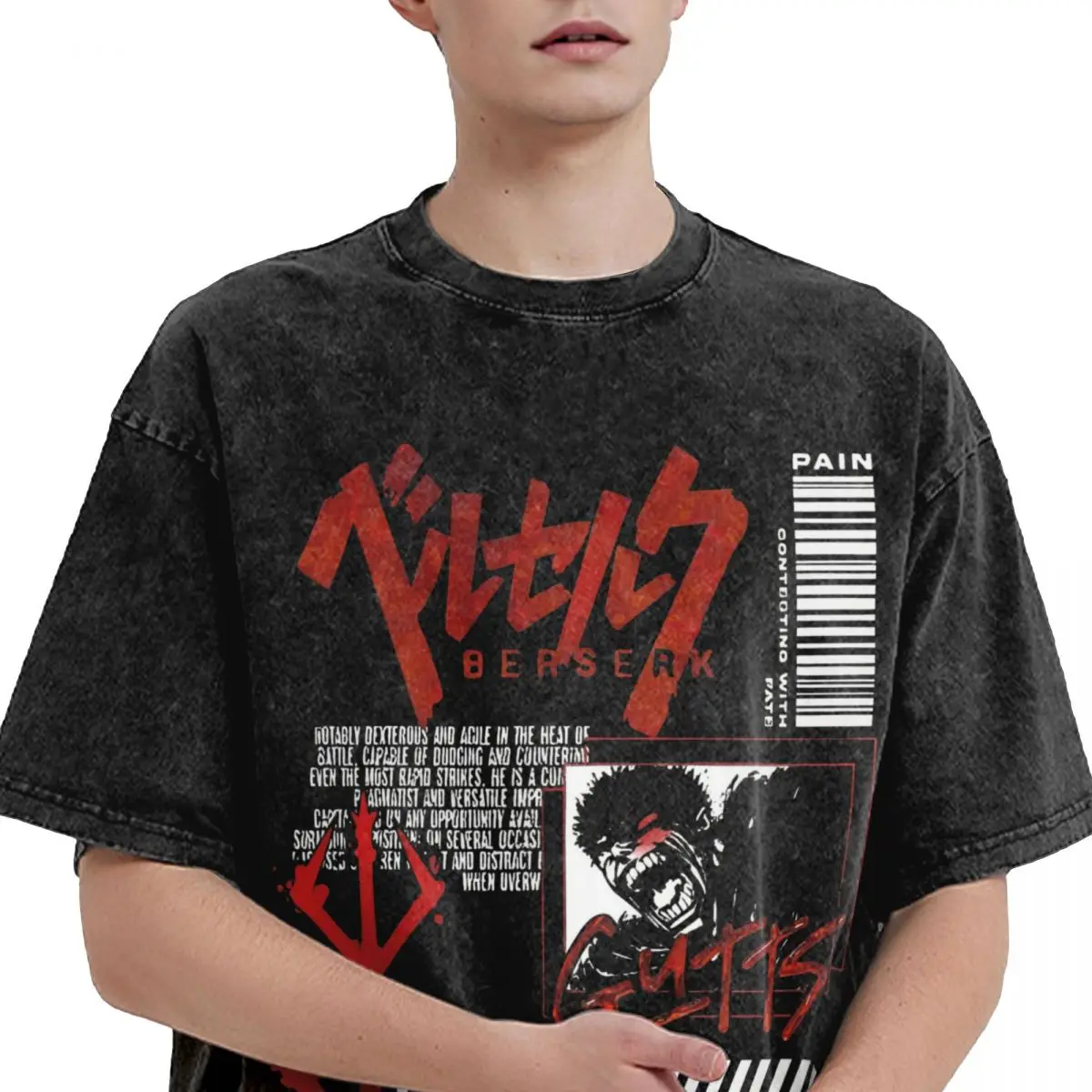 Guts Rage Berserk Anime Japan Merch Washed T Shirt for Men Women Streetwear Hip Hop T-Shirt Graphic Tees Tops 100% Cotton