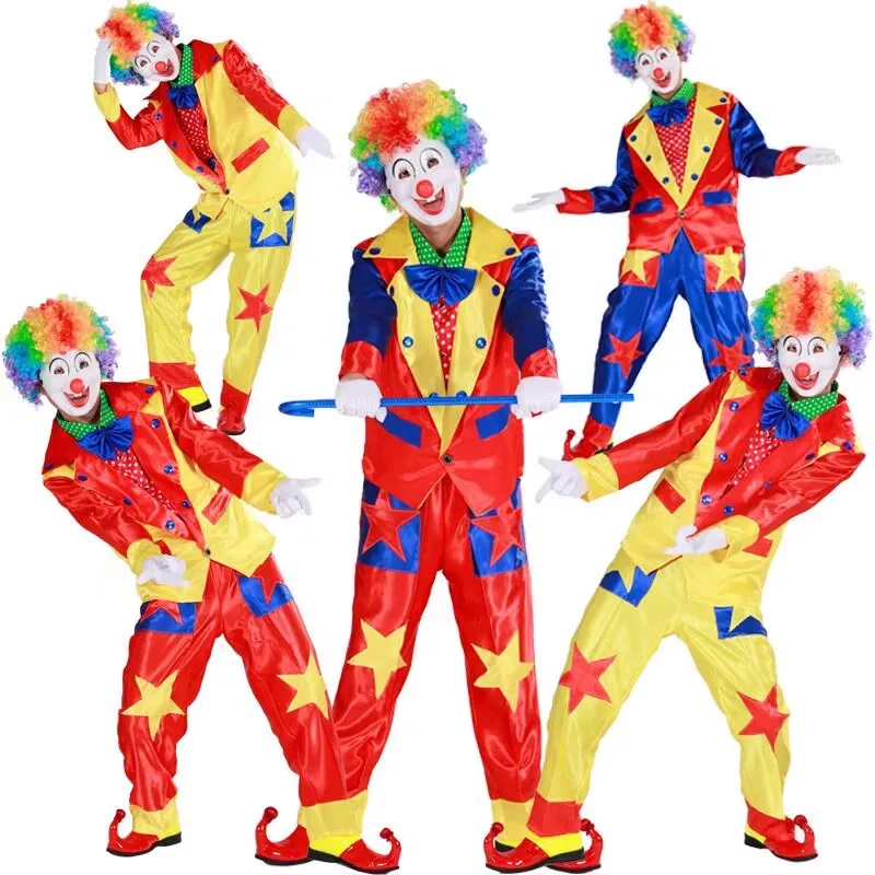 

Красочный костюм клоуна для мужчин, клубная цирковая одежда, Хэллоуин, карнавал, маскарад, костюм Джокера, праздничный костюм для выступлений