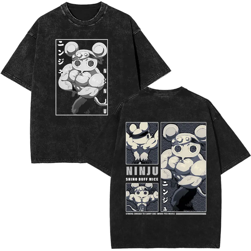 Japanese Anime Demon Slayer Uzui Tengen Washed T-shirt Muscular Ninja Mice Muki Gym Mouse Graphic T-shirts Oversized Streetwear