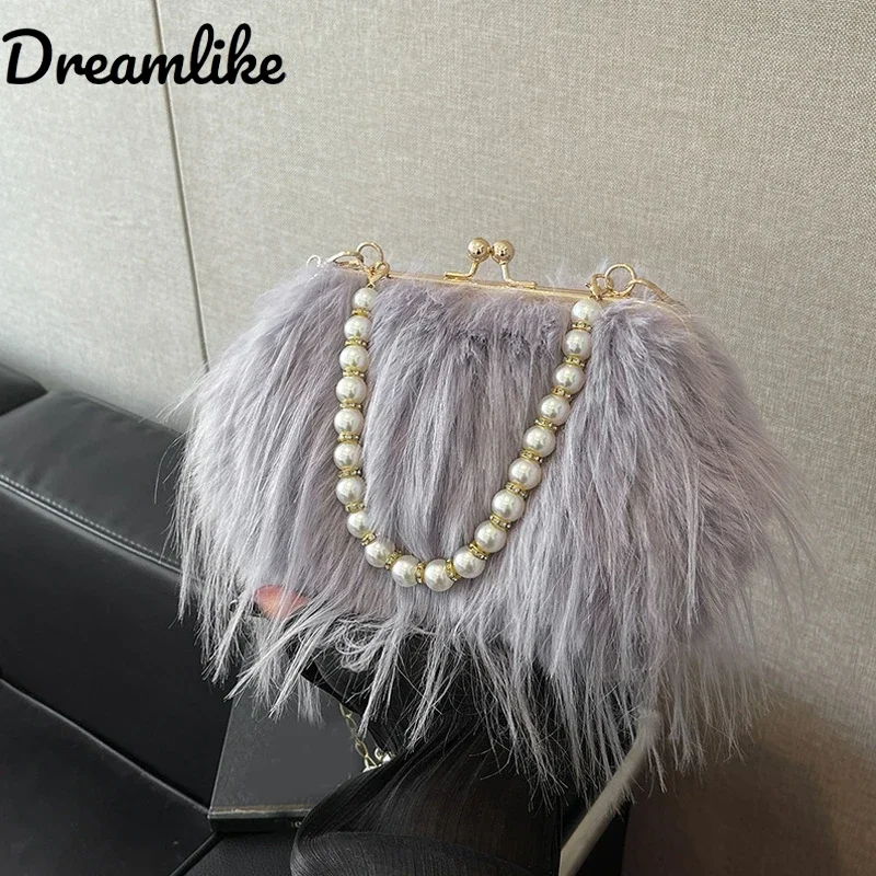 

French Square Evening Banquet Bag Handle Pearls Plush Handbag Large Capacity Lock Buckle Shoulder Crossbody Bag