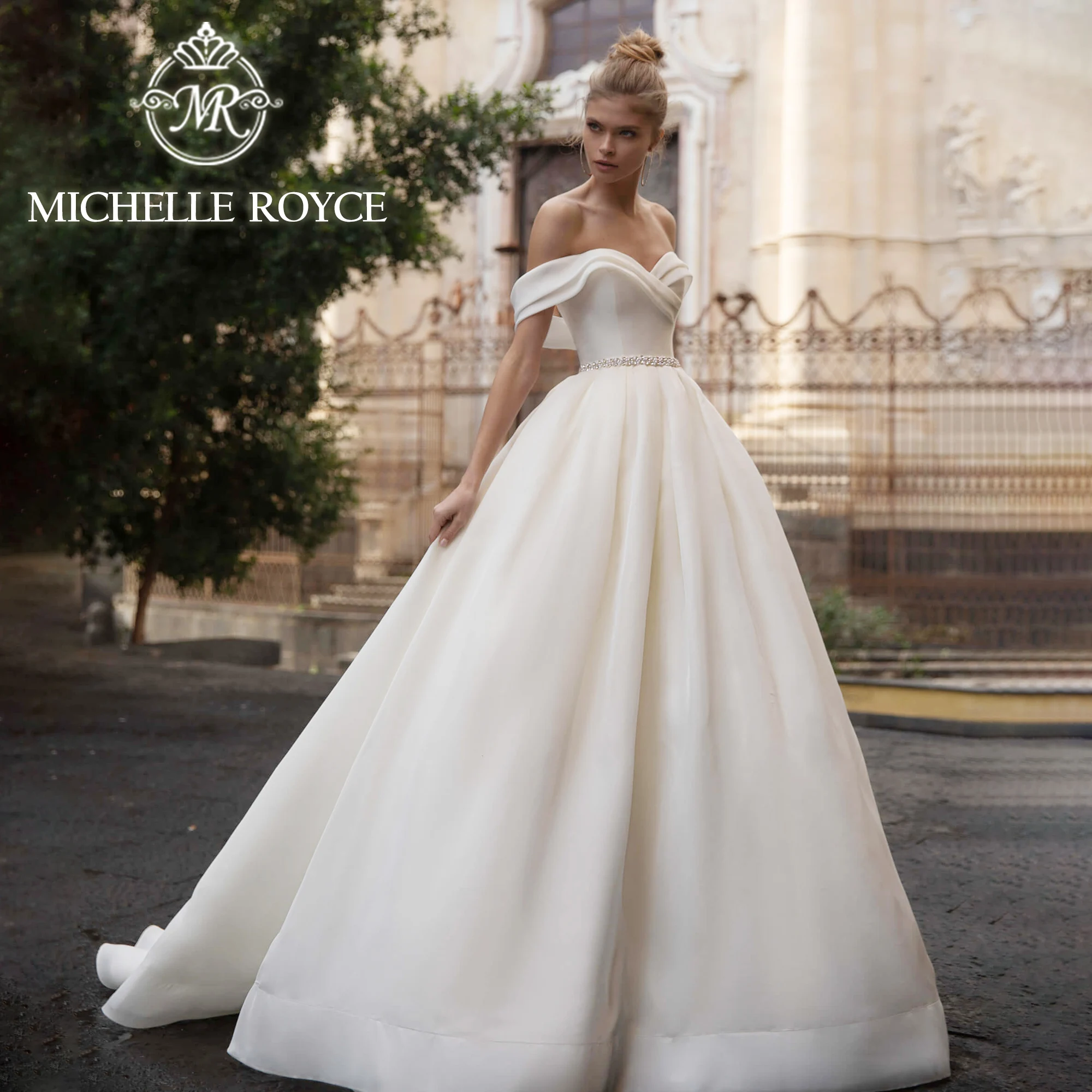 Michelle Royce-vestido De boda sin hombros para mujer, traje De Organza con cinturón, escote Corazón, 2024