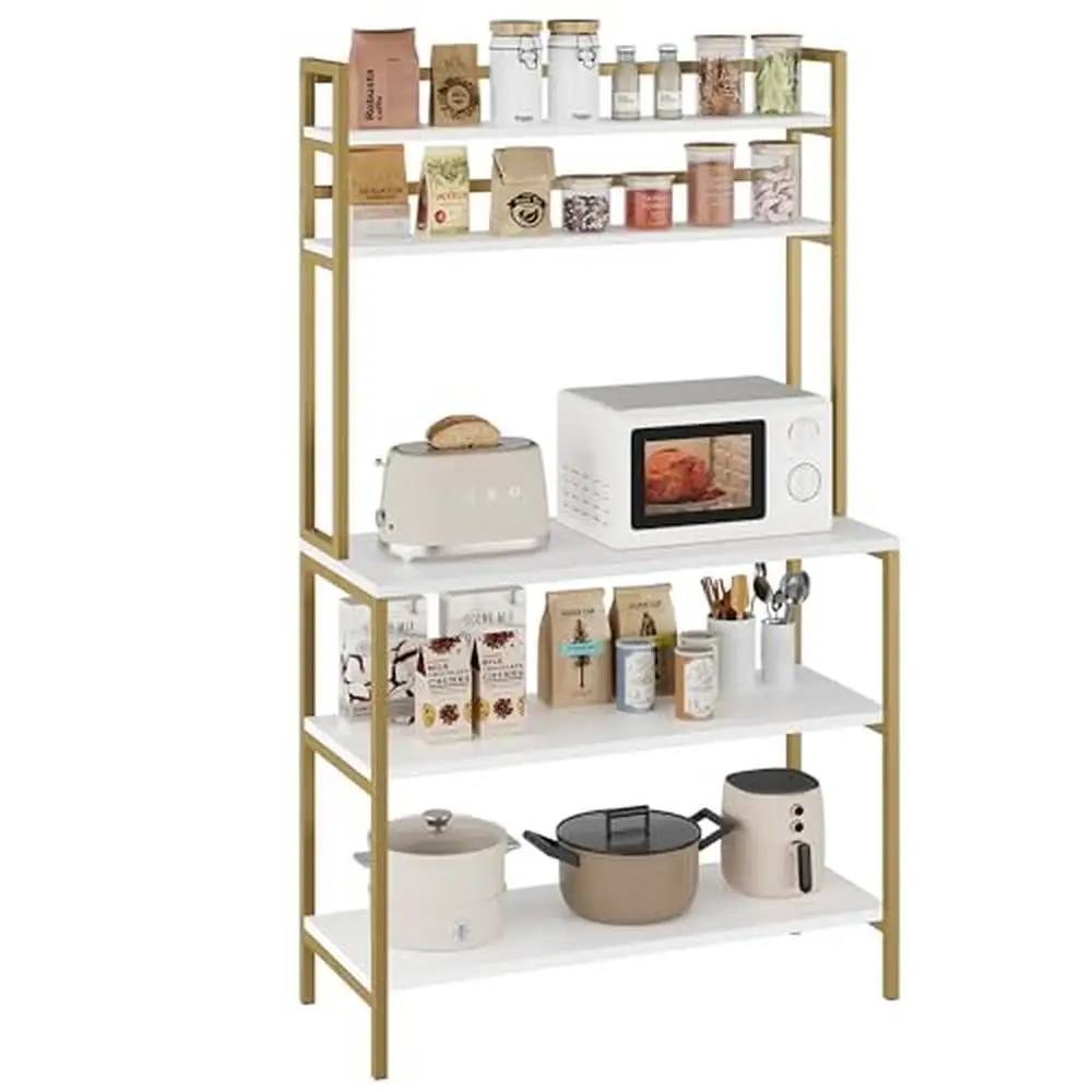 5-Tier Industrial Bakers Rack Kitchen Shelves Hutch Microwave Stand Countertop Organizer Freestanding Wood Metal Shelf Unit