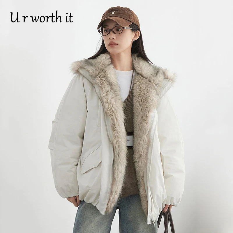Korean Women Thick Warm Streetwear Coats Faux Fur Collar Loose Overcoat Casual Female Retro Motorcycle Cotton Jacket Winter 2026