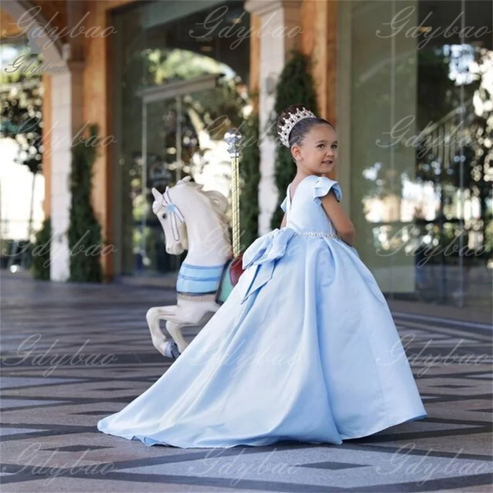 Vestidos de niña de flores de satén de manga corta azul cielo, fiesta de boda, baile de cumpleaños para niños, usados para concursos de belleza