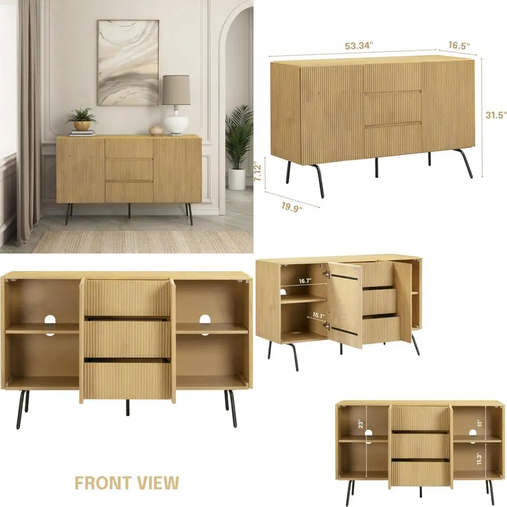 

NTC Veil Sideboard: 2-Door, 3-Drawer Storage Cabinet with Vertical Groove and Metal Legs