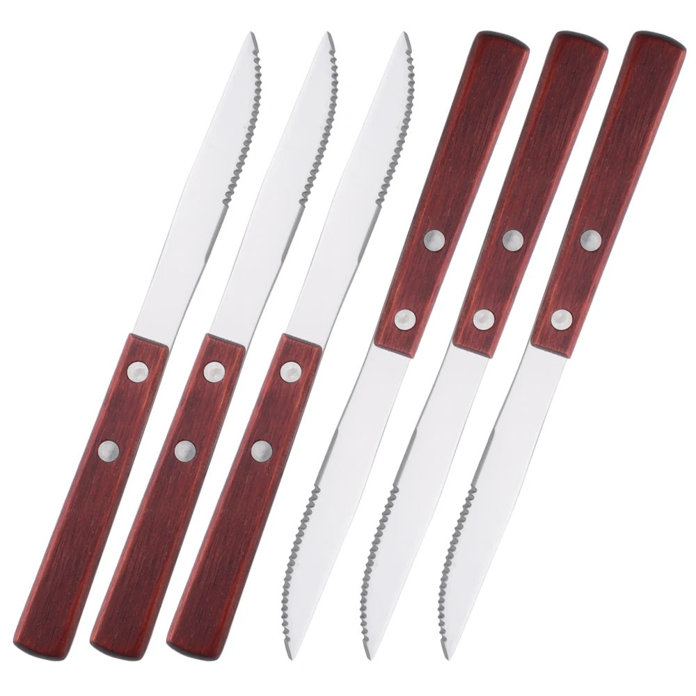 

6Pcs 304 Stainless Steel Steak Knife Dinnerware Set Wood Handle Sharp Knife Cutlery Set Knife Flatware Party Kitchen Tableware