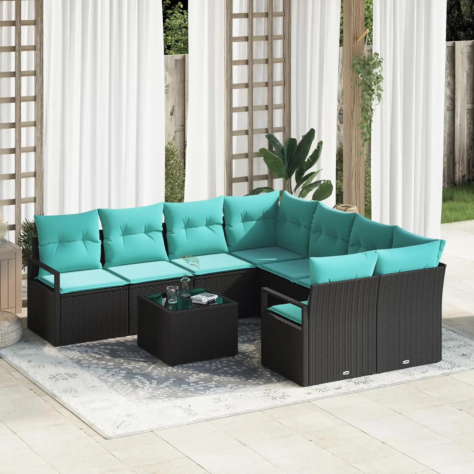 

9 Piece Outdoor Garden Sofa Set with Cushions Black Rattan Wicker Furniture Stylish Patio Seating