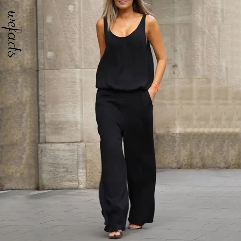 Wefads Women Jumpsuit Summer Casual Sleeveless Backless Chic Solid Black With Pockets Loose Pullover Romper High Streetwear