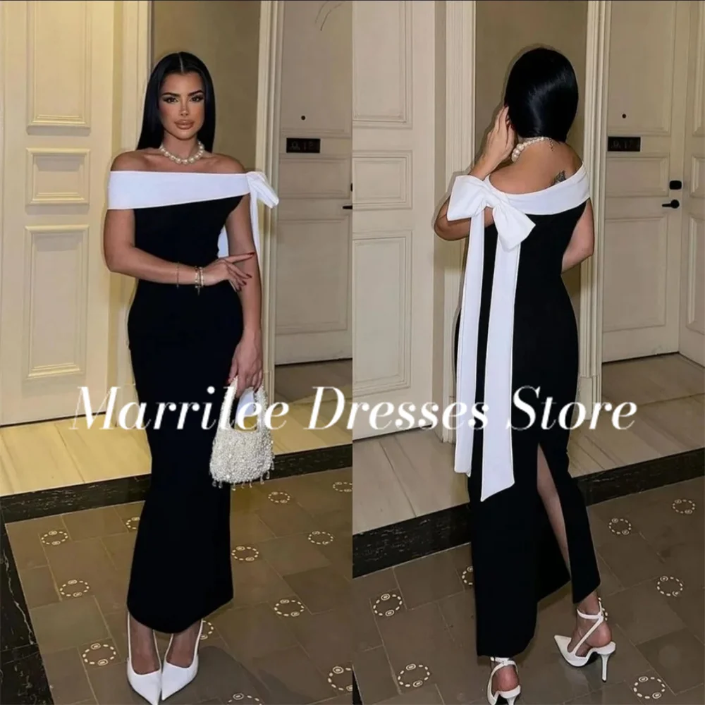 Marrilee Elegant Black Off The Shoulder With Bow Stain Evening Dresses Mermaid Sleeveless Side Slit Ankle Length Party Prom Gown