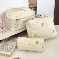 Quilted Embroidery Women's Cosmetic Bag Soft Cotton Fabric Ladies Make Up Case Storage Handbags College Girls Stationery Bags