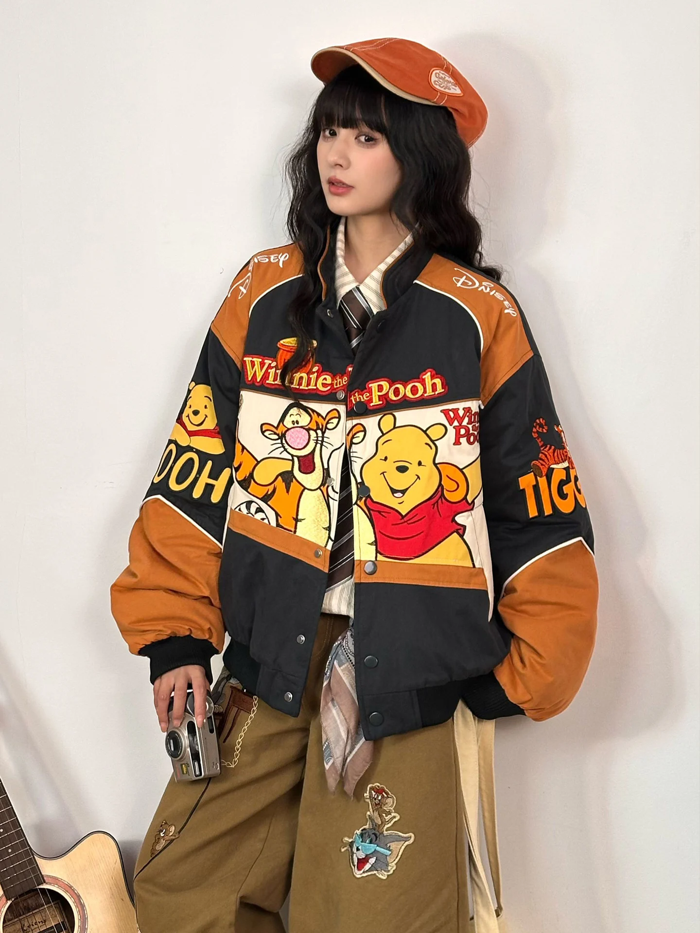 

Warm Cotton Jaet Vest Vintage American Sle Winnie the Pooh Patchwork Baseball Coat Women Winter Thiened Streetwear