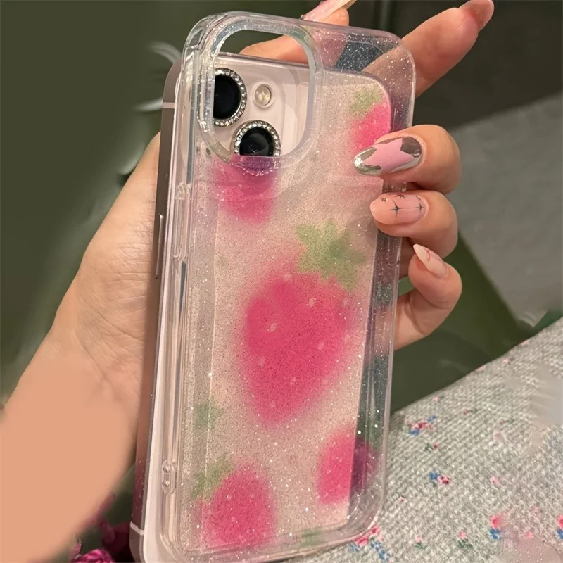 Cute Glitter Strawberry Clear Phone Case For iPhone 16 15 14 13 12 11 Pro Max XS X XR 7 8 Plus SE 2024 Lovely Bwoknot Soft Cover