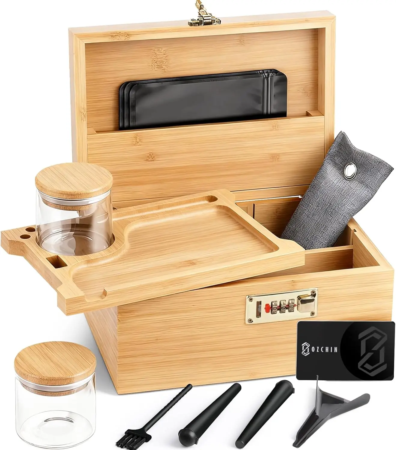 

Large Bamboo Storage Box with Lock, Glass Jars & Tray - Home Decor Gift for Men Women