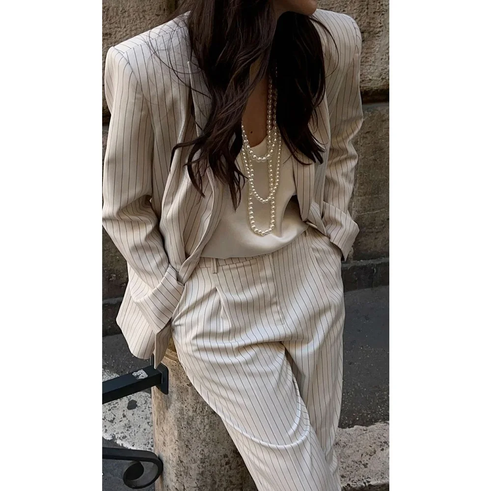 Women\'s Suit Striped Two-piece Slim Single-breasted Casual Fashion Suit Christmas Work Wear Women 2 Piece Set Outfit Winter Sets